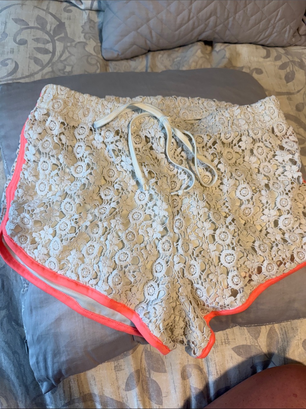 Alya Cream Lace Athletic Shorts with Coral Trim